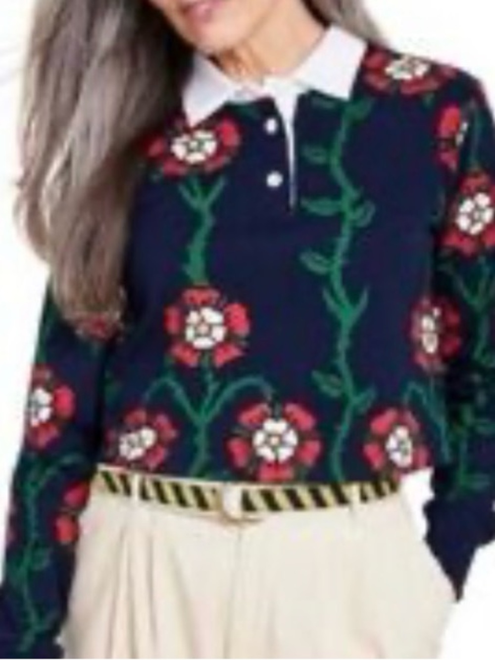Rowing Blazers Floral Navy Polo Sweater with White Collar